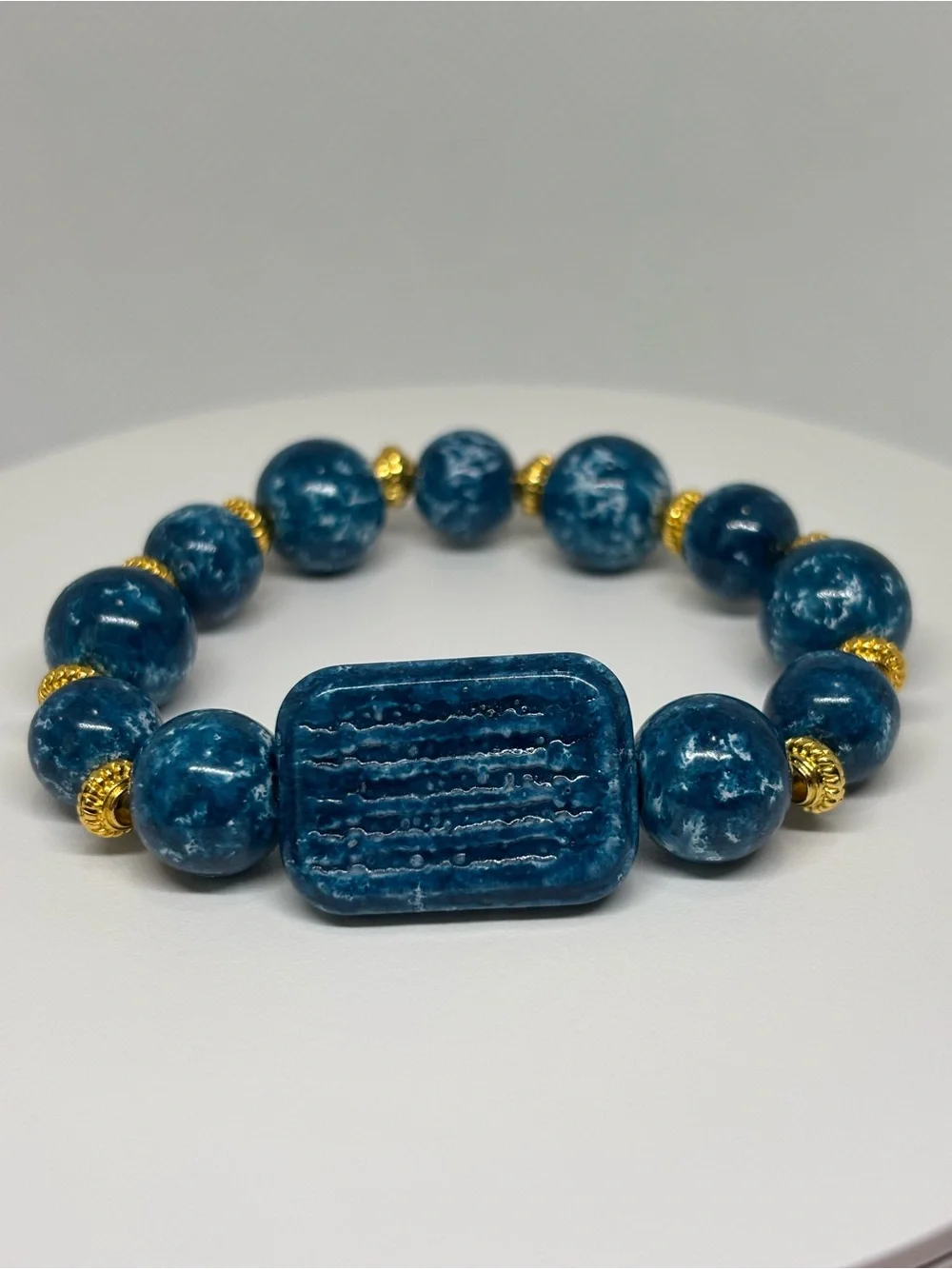 Hand Crafted  oil painting premium glass Bead Bracelet with Gold-tone Accents